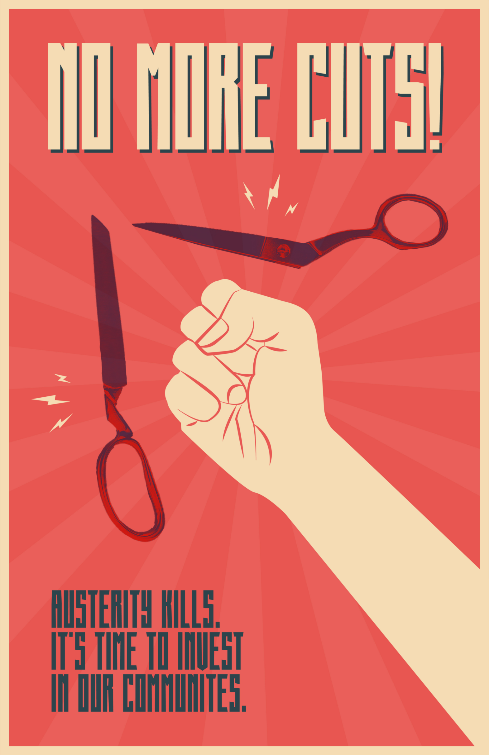 Anti-austerity poster with a fist breaking scissors using Tankie font
